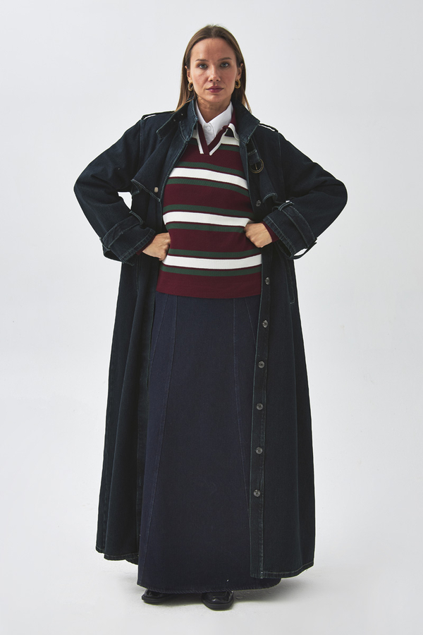 Epaulette Detail Denim Trenchcoat Dark Blue - 2