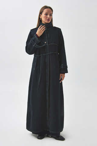 Epaulette Detail Denim Trenchcoat Dark Blue - 4