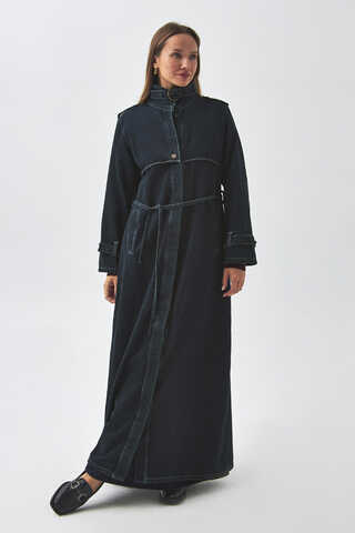 Epaulette Detail Denim Trenchcoat Dark Blue - 8