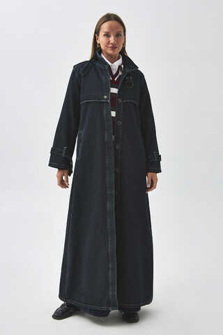 Epaulette Detail Denim Trenchcoat Dark Blue - 5