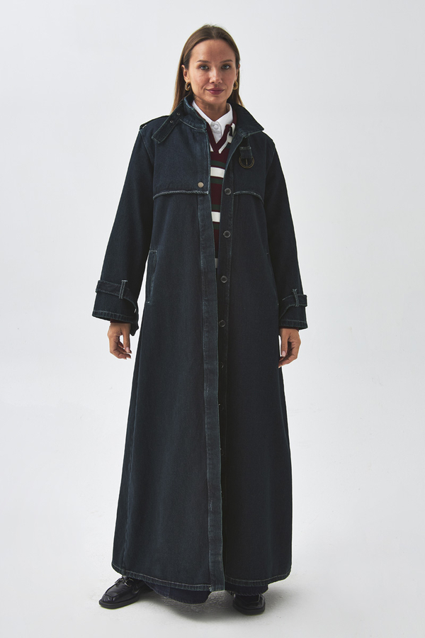 Epaulette Detail Denim Trenchcoat Dark Blue - 5