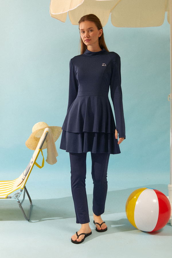 Eteği Katlı Mayo Takımı Lacivert - 2