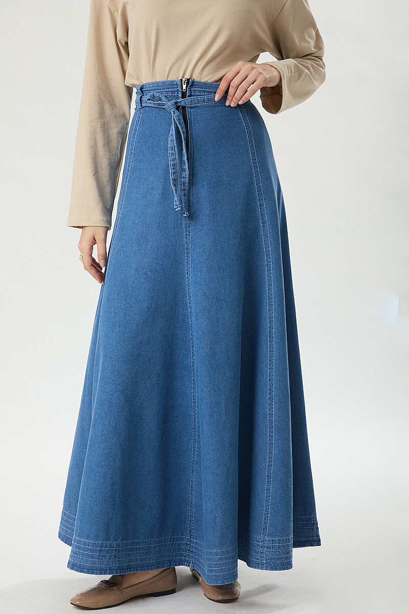 Etek Ucu Süs Dikişli Parçalı Denim Etek Açık Mavi - 3