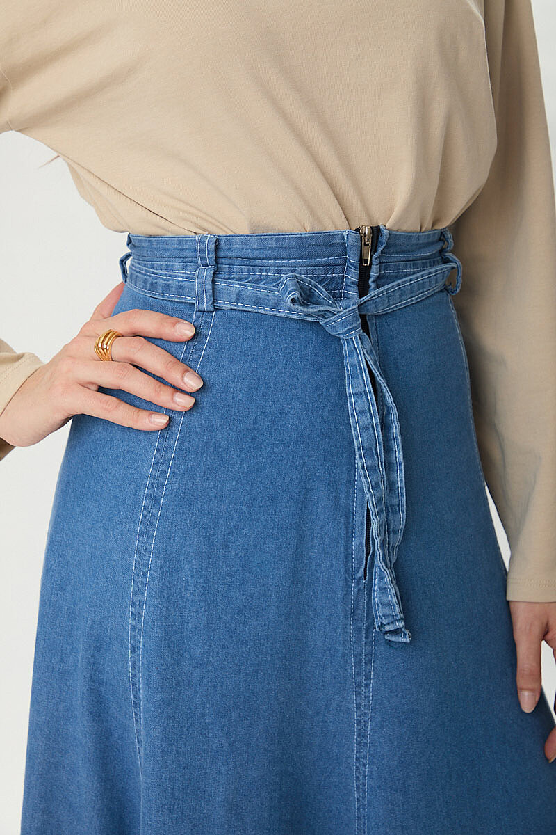 Etek Ucu Süs Dikişli Parçalı Denim Etek Açık Mavi - 5