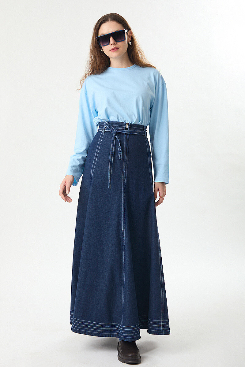 Etek Ucu Süs Dikişli Parçalı Denim Etek Koyu Mavi - 2