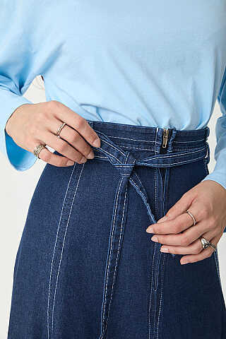 Etek Ucu Süs Dikişli Parçalı Denim Etek Koyu Mavi - 3