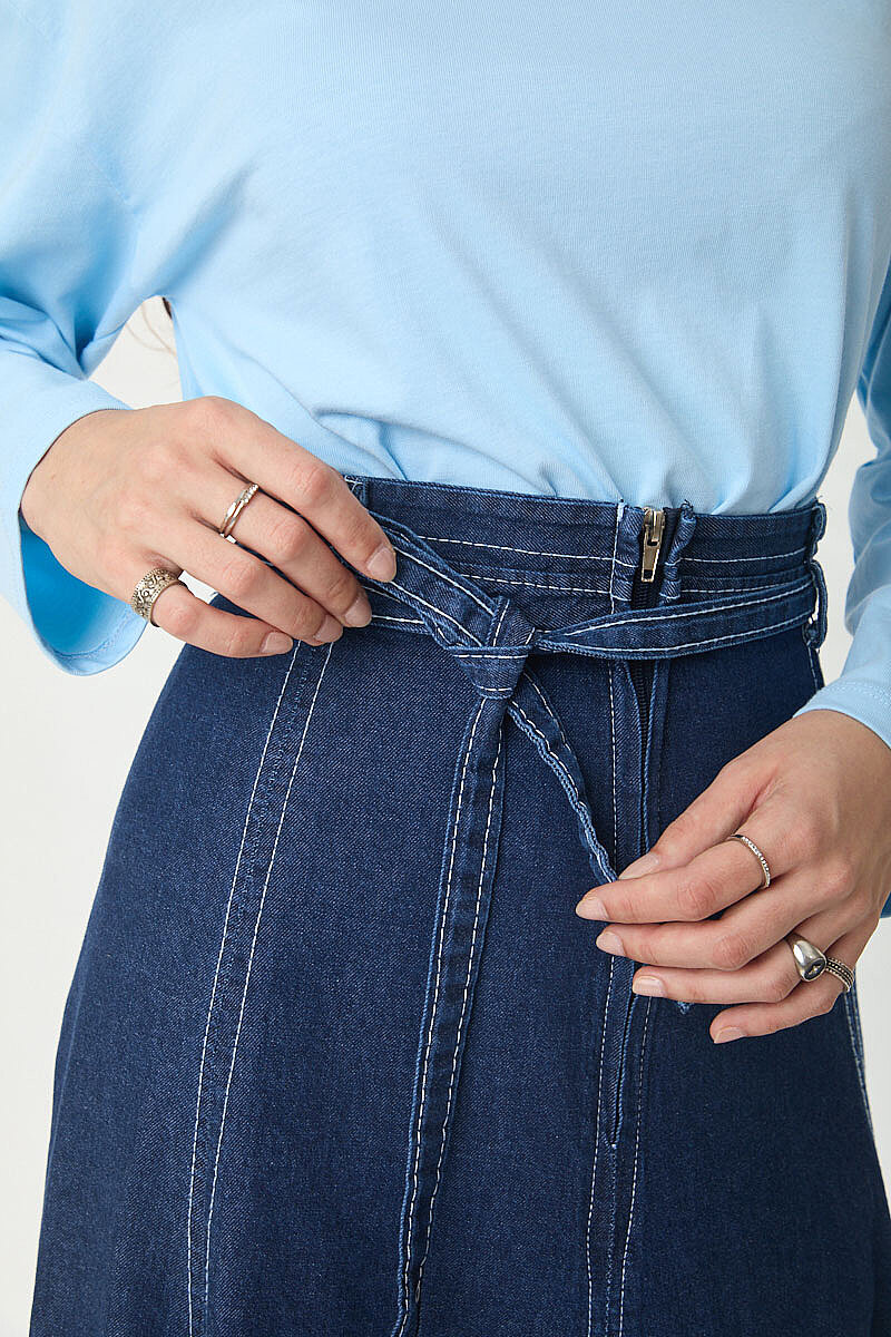 Etek Ucu Süs Dikişli Parçalı Denim Etek Koyu Mavi - 3