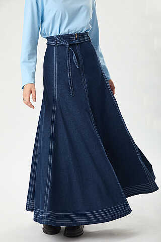 Etek Ucu Süs Dikişli Parçalı Denim Etek Koyu Mavi - 4