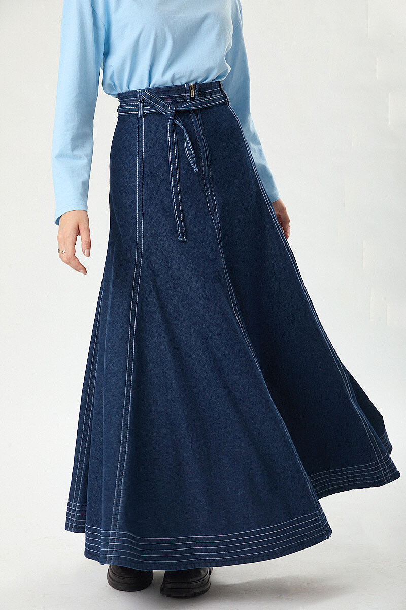 Etek Ucu Süs Dikişli Parçalı Denim Etek Koyu Mavi - 4
