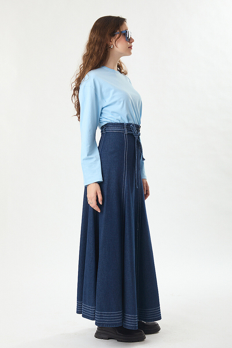 Etek Ucu Süs Dikişli Parçalı Denim Etek Koyu Mavi - 5