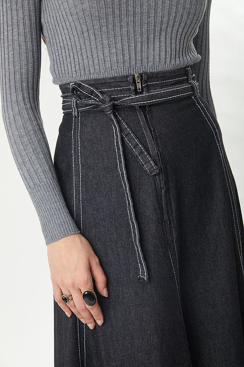 Etek Ucu Süs Dikişli Parçalı Denim Etek Siyah - 4