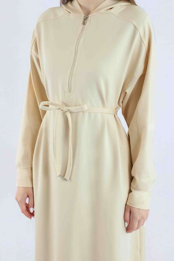Fermuar Detaylı Elbise Krem - 4