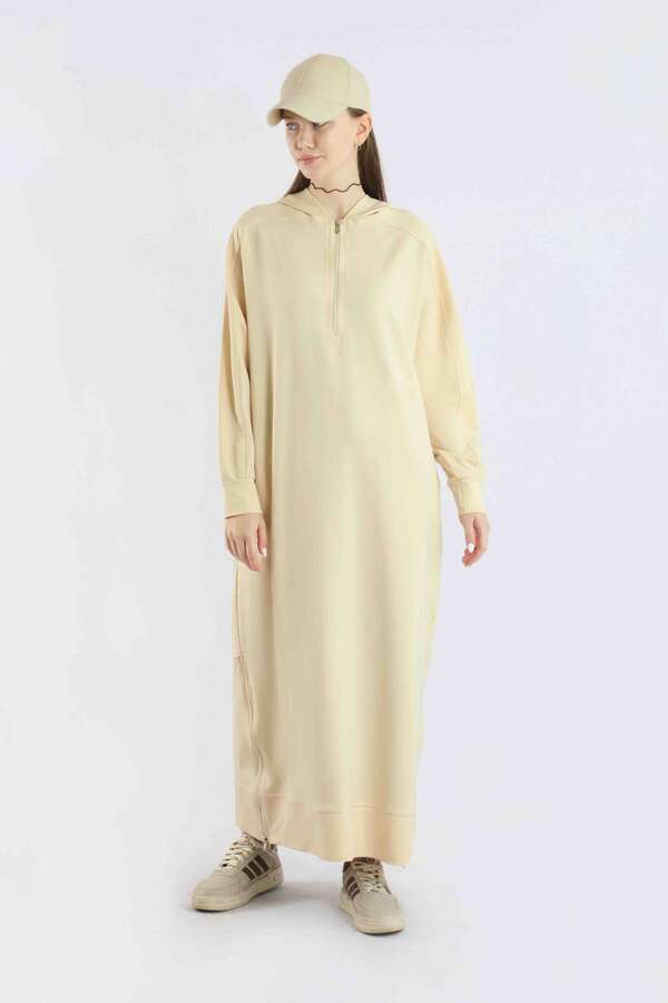 Fermuar Detaylı Elbise Krem - 5