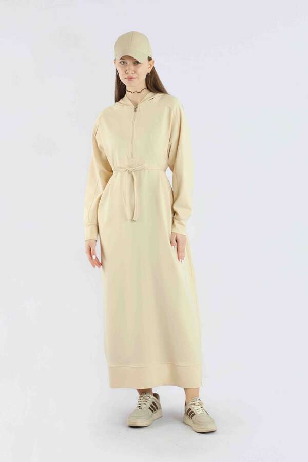 Fermuar Detaylı Elbise Krem - 3