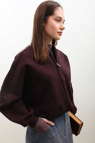Fermuarlı Bomber Ceket Bordo - 5