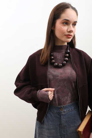 Fermuarlı Bomber Ceket Bordo - 10