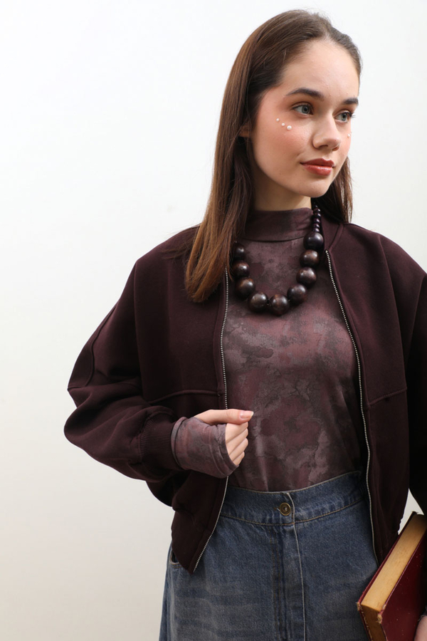 Fermuarlı Bomber Ceket Bordo - 10
