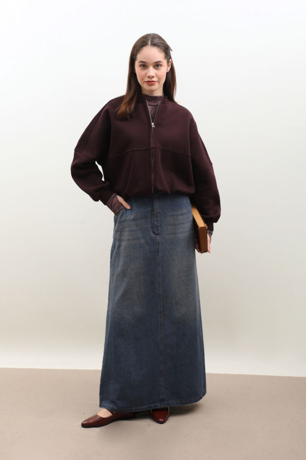 Fermuarlı Bomber Ceket Bordo - 1