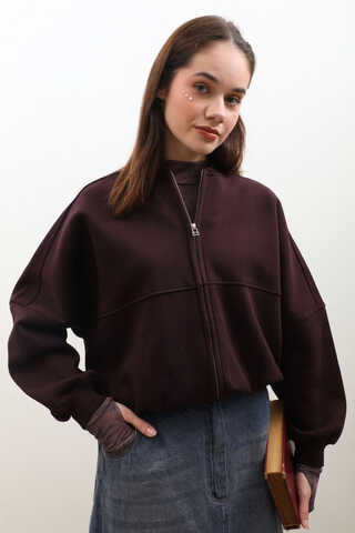 Fermuarlı Bomber Ceket Bordo - 8