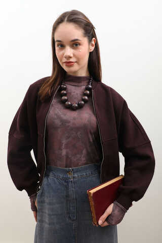 Fermuarlı Bomber Ceket Bordo - 9