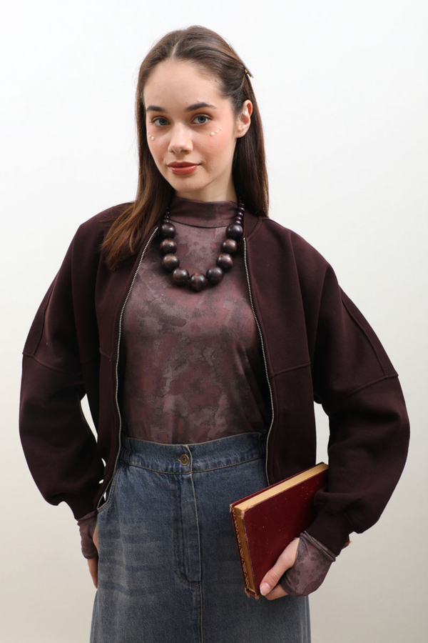 Fermuarlı Bomber Ceket Bordo - 9