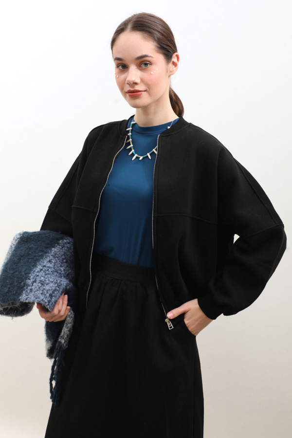 Fermuarlı Bomber Ceket Siyah - 3