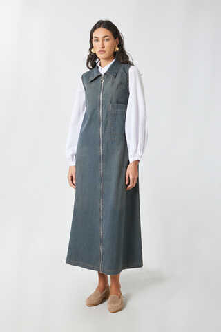 Fermuarlı Denim Jile Koyu Mavi - 9
