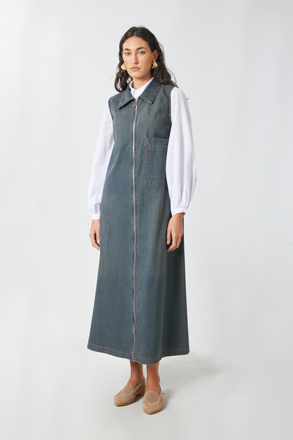 Fermuarlı Denim Jile Koyu Mavi - 9