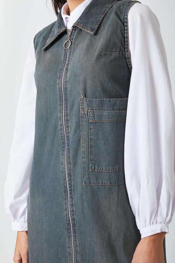 Fermuarlı Denim Jile Koyu Mavi - 8