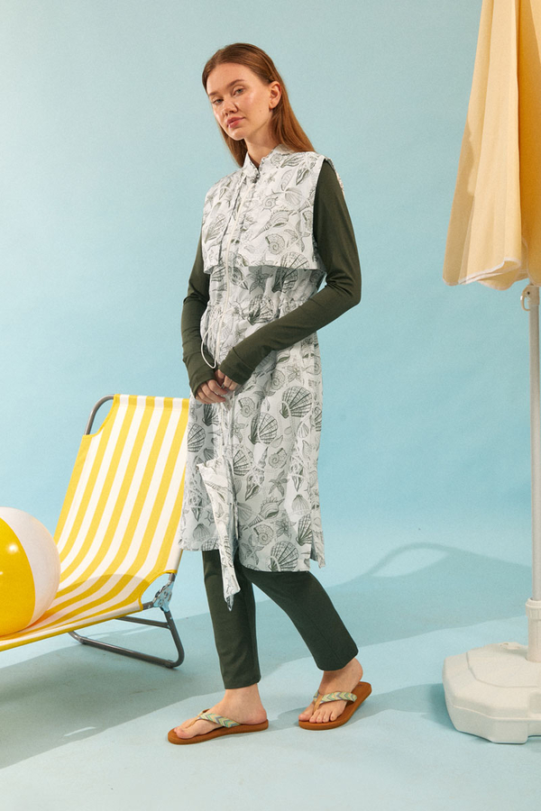 Fermuarlı Yelekli Tesettür Mayo Haki - 3