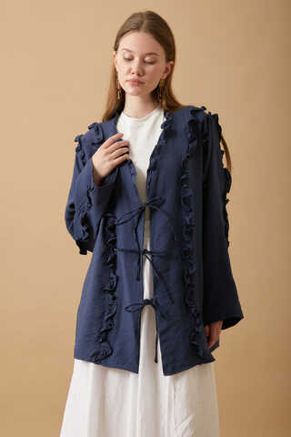 Fırfır Detay Bağlamalı Gömlek Lacivert - 1