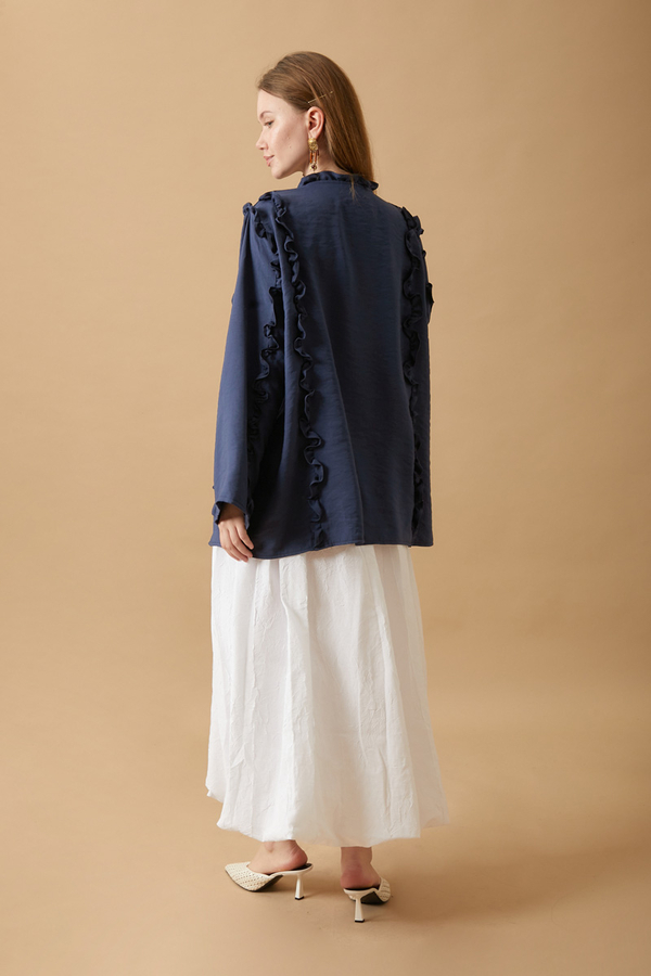 Fırfır Detay Bağlamalı Gömlek Lacivert - 5