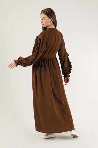 Fırfırlı Müslin Elbise Kahverengi - 5