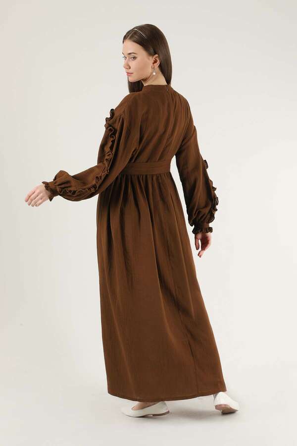 Fırfırlı Müslin Elbise Kahverengi - 5