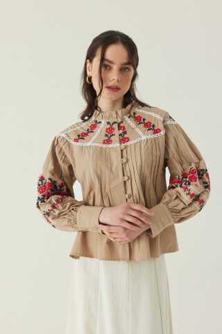 Fırfır Yaka Nakışlı Gömlek Bej - 3