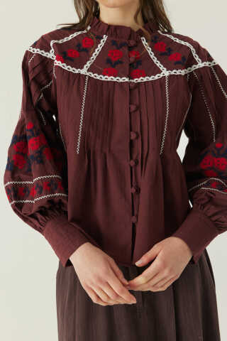 Fırfır Yaka Nakışlı Gömlek Bordo - 4