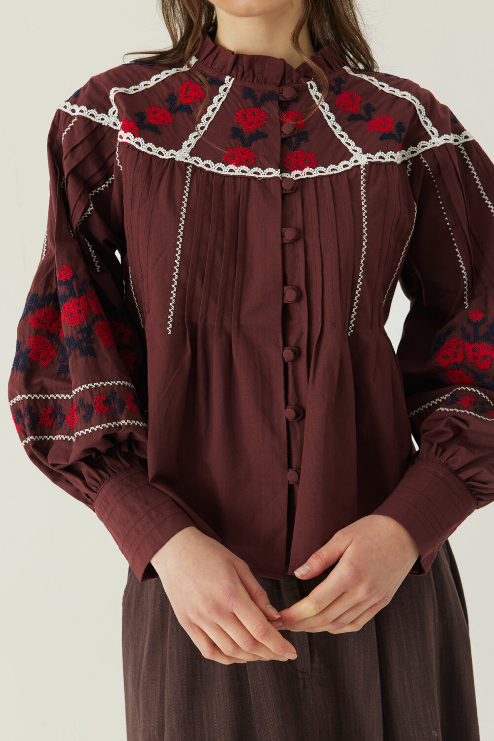 Fırfır Yaka Nakışlı Gömlek Bordo - 4