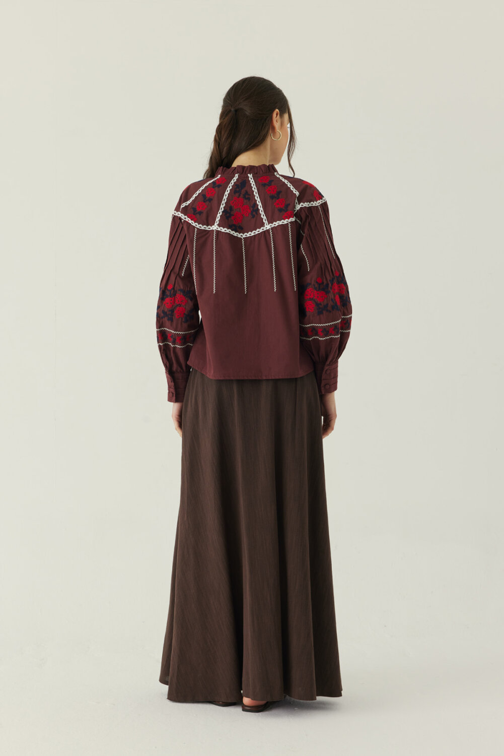 Fırfır Yaka Nakışlı Gömlek Bordo - 3