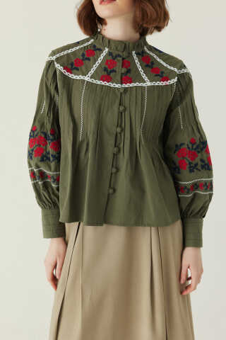 Fırfır Yaka Nakışlı Gömlek Haki - 2