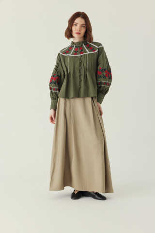 Fırfır Yaka Nakışlı Gömlek Haki - 1