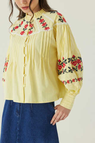Fırfır Yaka Nakışlı Gömlek Sarı - 2