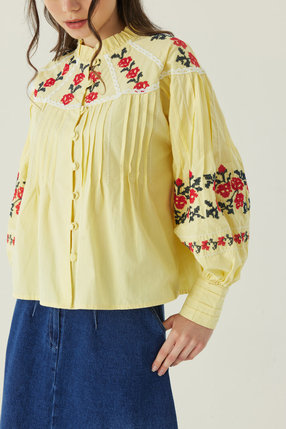 Fırfır Yaka Nakışlı Gömlek Sarı - 2