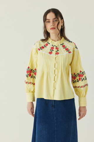 Fırfır Yaka Nakışlı Gömlek Sarı - 5