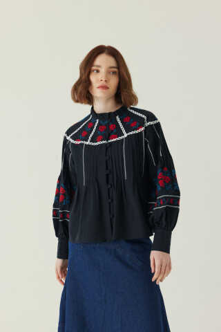 Fırfır Yaka Nakışlı Gömlek Siyah - 2