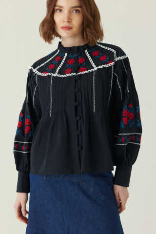 Fırfır Yaka Nakışlı Gömlek Siyah - 3