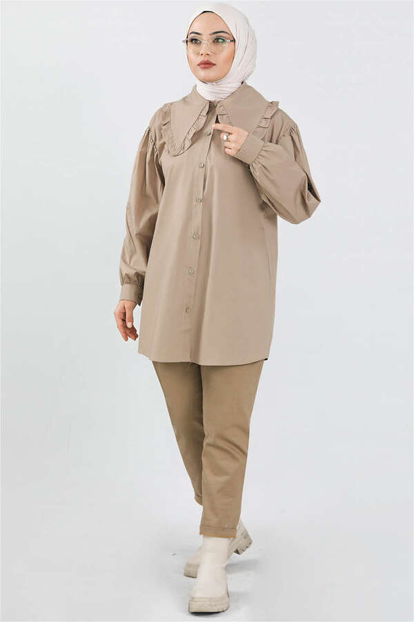 Fırfır Yaka Poplin Gömlek Koyu Vizon - 2