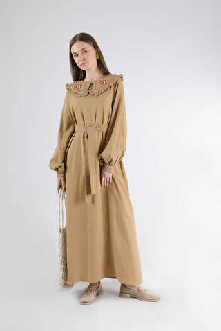 Fırfırlı Bebe Yaka Elbise Camel - 1