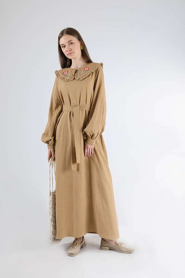 Fırfırlı Bebe Yaka Elbise Camel - 1