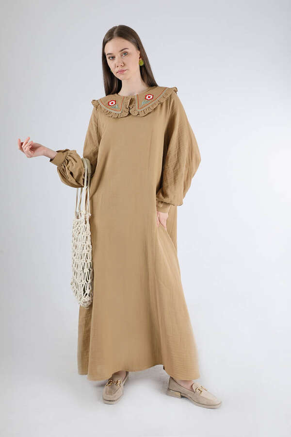 Fırfırlı Bebe Yaka Elbise Camel - 3