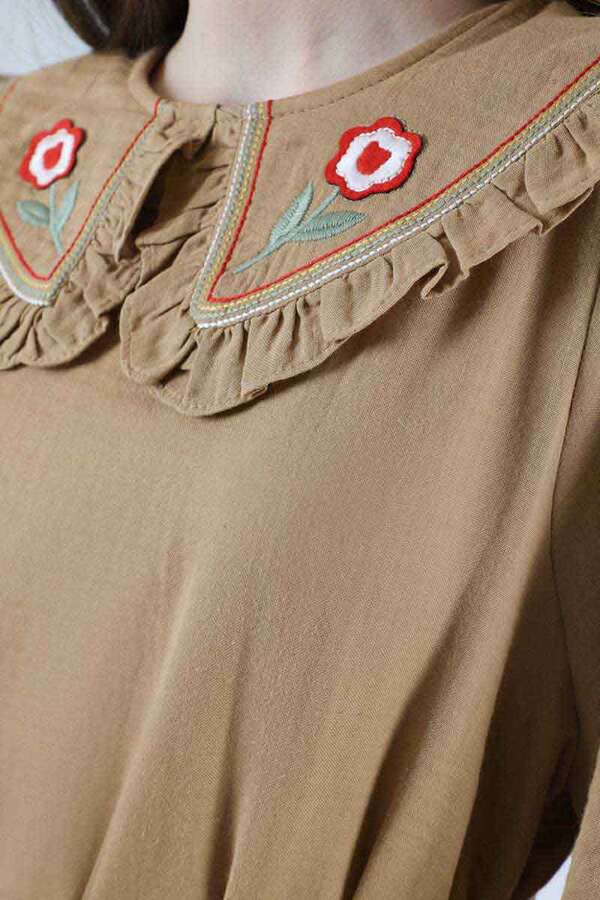 Fırfırlı Bebe Yaka Elbise Camel - 4